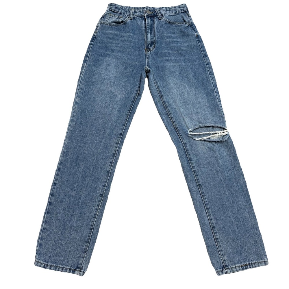 Shein Women's High Rise Straight Leg Jeans Distressed Knee Blue‎ Denim Size XS